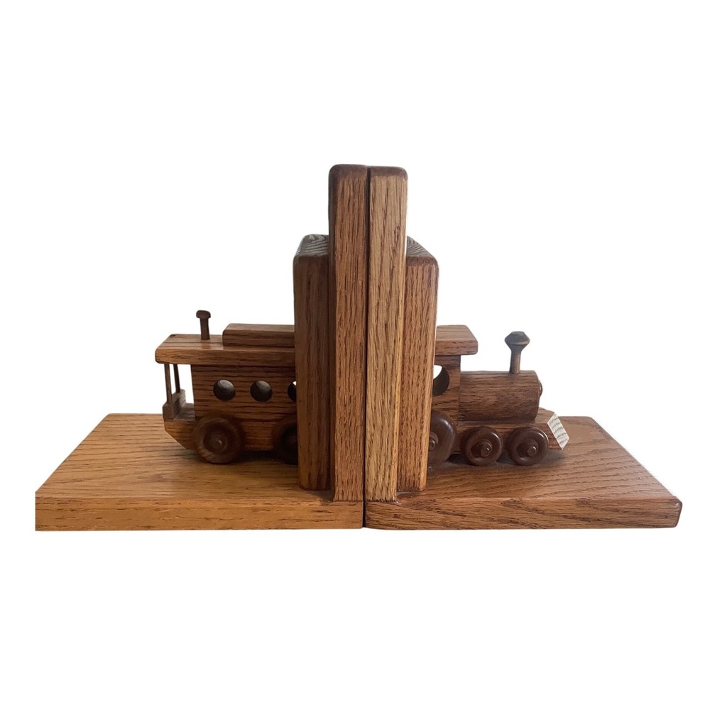 Vintage 80s Handmade Oak Finished Wooden Train Book Ends